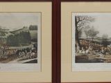 two framed pictures of horses and people in a field with hills in the background