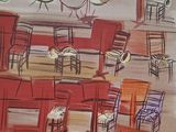 a drawing of a room with chairs and a clock