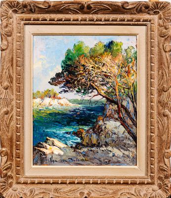 une peinture représentant une peinture d'un arbre sur un rivage rocheux