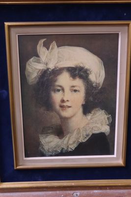 painting of a woman with a white hat and a blue dress