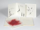 trois livres maculés d'encre rouge, posés sur une surface blanche