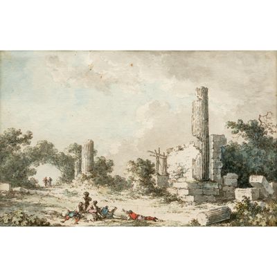 un tableau représentant un groupe de personnes assises par terre devant des ruines