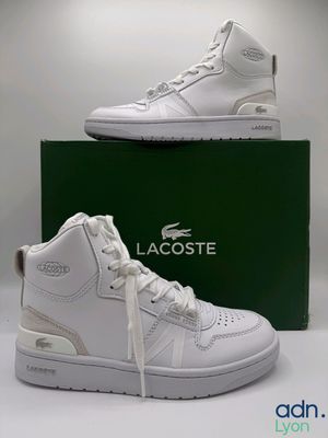 lacoste white high top sneakers with laces on the sole