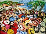 tableau représentant une foule de personnes sur une plage avec des parasols