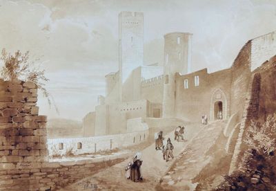 une peinture représentant un château à flanc de colline