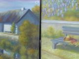 deux tableaux représentant un banc et une maison dans un champ