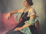 tableau représentant une femme en robe noire assise sur un canapé rouge