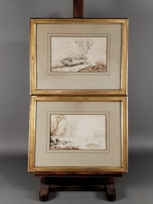 deux tableaux encadrés représentant un paysage fluvial avec un pont et des arbres