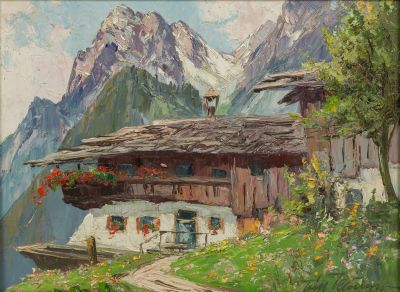 an oil painting of a house in a mountainous area with mountains in the background