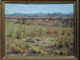 an oil painting of a field with grass and a mountain in the background