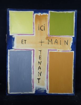 une peinture représentant une croix sur laquelle sont inscrits des mots
