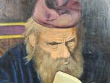 an oil painting of a man reading a book while wearing a hat