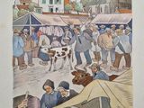 une image représentant un tableau où l'on voit des personnes et une vache sur un marché