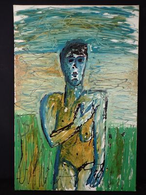 une peinture à l'huile représentant un homme debout dans un champ, les bras croisés