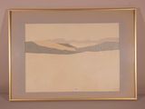 painting of a landscape with mountains in a gold frame on a wall