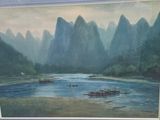 a picture of a painting of a river with mountains in the background