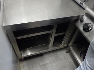 un comptoir en acier inoxydable dans une cuisine commerciale