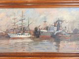 painting of a harbor scene with ships and ships in the water