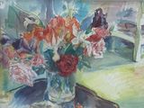 a painting of flowers in a vase on a table