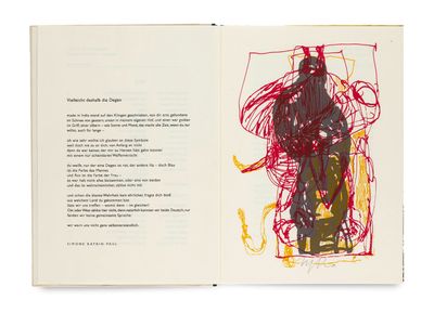 un livre ouvert sur lequel figure le dessin d'un homme assis sur une chaise