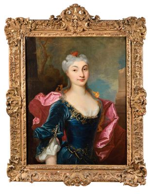 portrait of a lady in a blue dress with a pink shawl