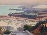 tableau représentant une vue d'une ville avec un plan d'eau au loin