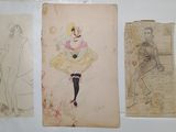 three drawings of a woman in a dress and a man in a hat