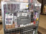 a metal cart with many items in it in a warehouse