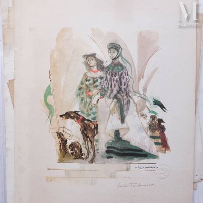 a drawing of a woman and two dogs on a table