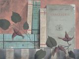 a painting of a book and a plant on a shelf