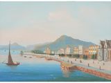 a painting of a view of a harbor with a sailboat in the foreground