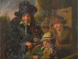 un vieux tableau représentant un homme avec deux enfants et un chien