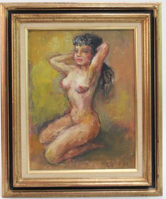 une peinture à l'huile représentant une femme nue, dans un cadre doré