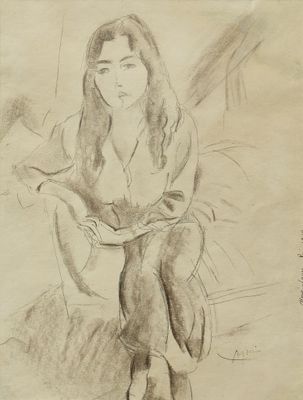 un vieux dessin représentant une femme assise sur un canapé, les jambes croisées