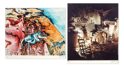 two pictures of a painting of a woman and a man in a cave