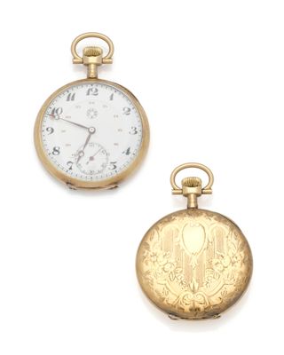 two different types of pocket watches on a white background
