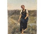 un tableau représentant une femme avec un bâton dans un champ