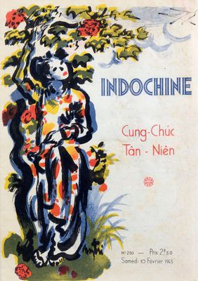 la couverture d'un vieux livre représentant une femme en robe colorée