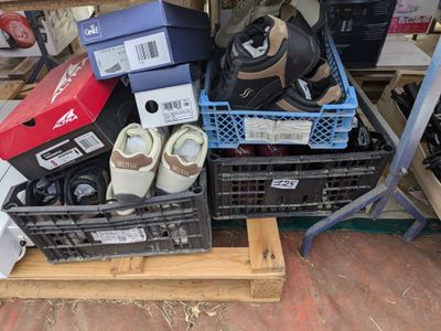 un tas de chaussures et d'autres articles posés sur une palette