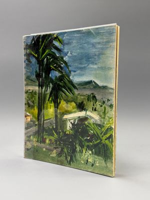 an image of a painting of a palm tree in a field