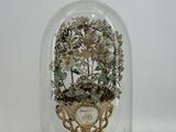 un dôme de verre avec une horloge à l'intérieur sur une table