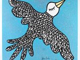 a painting of a bird flying through the air on a blue background
