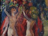tableau représentant deux nus avec des fleurs dans un vase posé sur une table