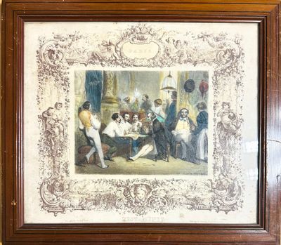 peinture d'un groupe de personnes assises autour d'une table dans une pièce