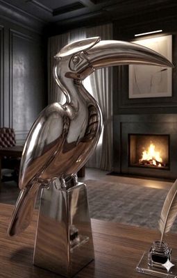sculpture of a bird sitting on a table in front of a fire place