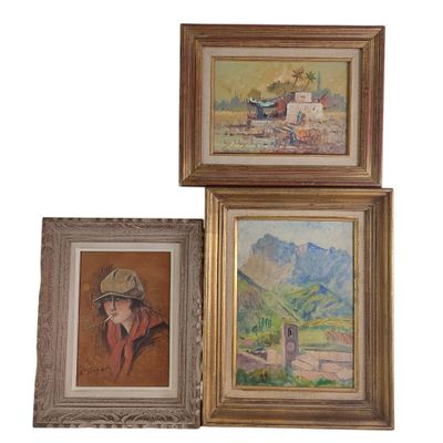 trois tableaux encadrés représentant une femme coiffée d'un chapeau et un homme coiffé d'un chapeau
