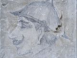 tableau représentant un homme coiffé d'un chapeau et un oiseau sur un mur