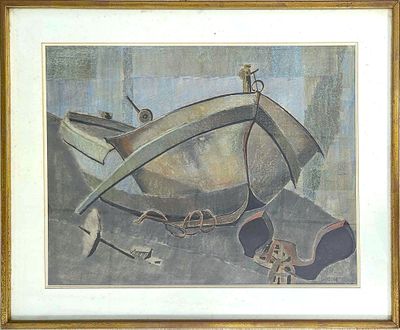 tableau encadré représentant un bateau et une paire de chaussures