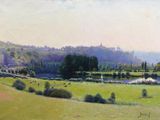 un tableau représentant un champ vert avec un lac au milieu