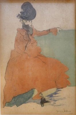 tableau représentant une femme vêtue d'une robe orange et d'un chapeau, assise sur un banc